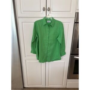 Westbound Petite Green 100% Linen Button Down Shirt Long Sleeve PL Ladder Stitch